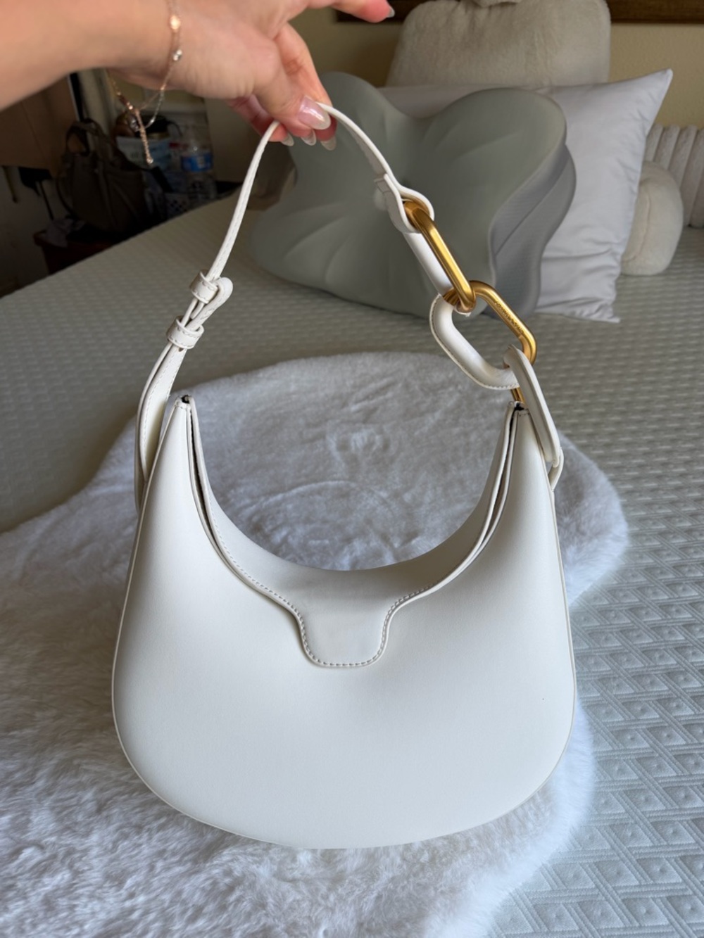 Charles & Keith White Shoulder Bag with Gold Link Detail, soft material